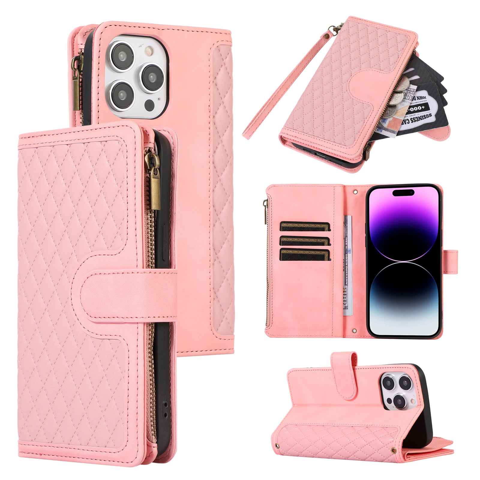 For iPhone 14 Pro Max PU Leather 9 Card Slots Phone Case Imprinted Zipper Pocket Wallet Cover with Stand For iPhone 14 Pro Max PU Leather 9 Card Slots Phone Case Imprinted Zipper Pocket Wallet Cover with Stand